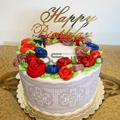 کیک خامه ای با گلهای کره ای || مشهد کیک سفارش آنلاین کیک و شیرینی در مشهد